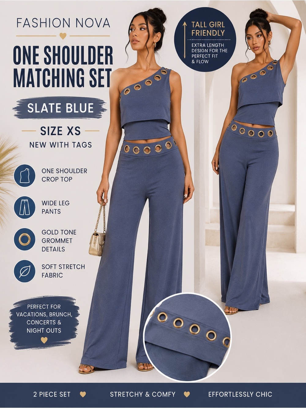 Fashion Nova Slate Blue One-Shoulder Wide Leg Pants Set with Gold Grommets
